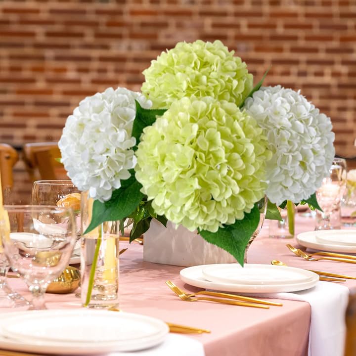 JINWOE Light Green Hydrangea Artificial Flowers, 4Pcs 22" Large Lifelike Faux Silk Flowers, Full Artificial Hydrangeas for Bouquet Table Centerpieces Indoor Spring Outdoor Home - color: Green