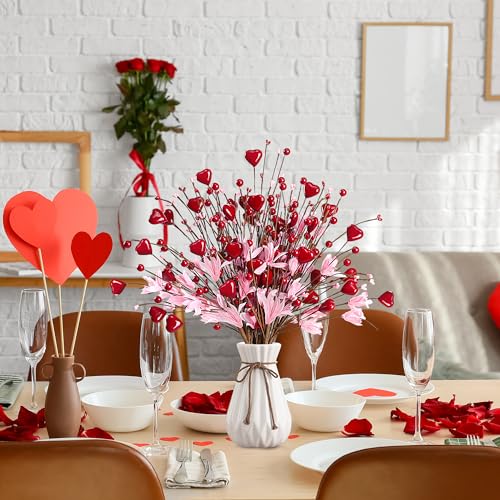 Valentine’s Day Gifts 12 Pcs Heart Shaped Berry Picks Artificial Red Heart Berry Twigs Forsythia Stem Branches with Pink Flowers for Valentine’s Day Anniversary Flower Bouquets Wedding Home Decor - color: Red and Pink