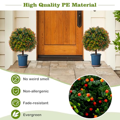 Goplus 22'' Artificial Boxwood Topiary Ball Tree, Set of 2 UV Resistant Faux Potted Plants Artificial Shrubs Bushes with Orange Fruits, Fake Evergreen Artificial Topiary for Home Front Porch Decor - color: Orange