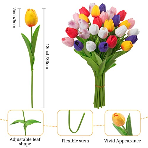 Ouddy Decor 30 Pcs Multicolor Tulips Artificial Flowers Real Touch PU Faux Flowers Fake Tulips Stems for Spring Summer Bouquet Floral Room Table Party Wedding Easter Mothers Gifts Home Decorations - color: Multi Color
