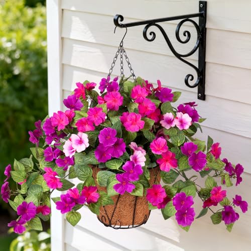 INXUGAO 3 Bundles Artificial Fake Flowers for Outdoors with Hanging Baskets Faux Hanging Flowers Plants for Outdoor Planters UV Resistant Silk Flowers for Outside Spring Home Front Porch Garden Décor - color: Light Purple Dark Purple+basket