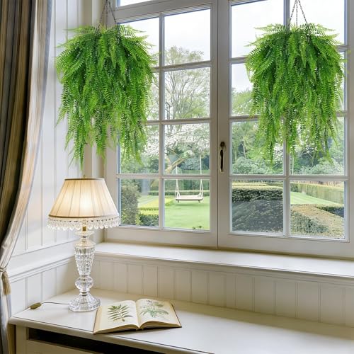 Artificial Hanging Ferns for Outdoors UV Resistant Fake Hanging Ferns with Hanging Baskets 2 Set Boston Ferns Artificial Plants 23.6" Faux Ferns Outdoor Hanging Basket Front Porch Patio Garden Home