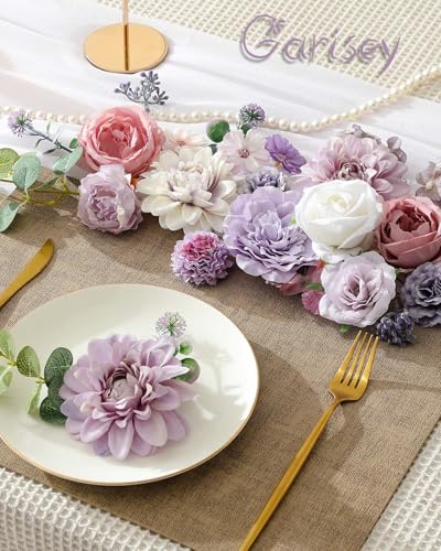 Garisey Artificial Flowers Combo Box Set Purple Fake Silk Flower for DIY Wedding Bouquet Arrangements Bridal Shower Party Home Decorations(White Purple Peony) - color: White Purple Peony