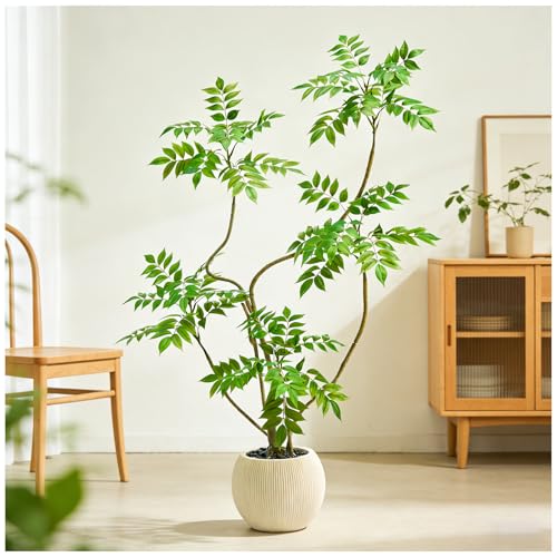 Artificial Sumac Tree：5FT Faux Mahonia Fortunei Tree Realistic Fake Floor Plant Silk Leaves & Elegant Branches in Pot Fake Plant for Minimalist Decor Indoor Home Sala Office Hotel Patio Studio - color: Sumac Tree, size: 5FT