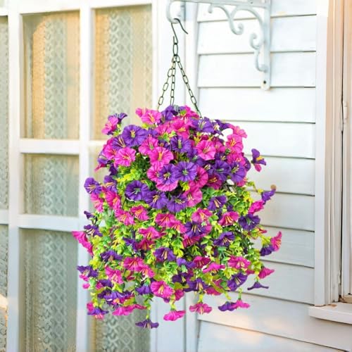 4PCS Artificial Hanging Flowers for Outdoor Hanging Plants Faux Morning Glory UV Resistant Silk Spring Summer Flower for Garden Porch Yard Patio Balcony (Double Purple) - color: Double Purple