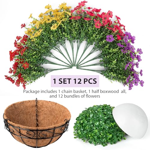 Artificial Fake Hanging Flowers Plants Basket Outdoors, Faux Silk UV Resistant Look Real Daisy Eucalyptus for Spring Summer Garden Porch Home Patio Balcony Yard Decorations, Multicolor - color: Multi Color