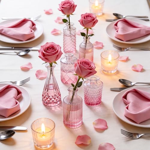 UPBUD Glass Pink Bud Vases Set of 12, Mini Flower Valentine Vase for Centerpieces, Small Vases in Bulk for Wedding Decorations, Vintage Vase for Table, Home Décor - color: Standard-pink, size: 12pcs