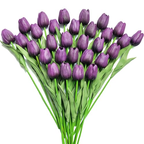 30 PCS Artificial Tulips Real Touch Tulips 13.5inch Long Stem Fake Flowers Silk Flowers for Spring Easter Mother's Day Decorations（Dark Purple） - color: Dark Purple