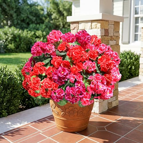 Fake Geraniums Artificial Flowers for Outdoors, 6 Bundles Silk Geraniums Flowers Realistic UV Resistant Fake Plants Faux Flowers for Outside Planters Front Door Garden Balcony Yard Porch Indoor, Mix - color: 2 Red, 2 Hotpink, 2 Fuchsia