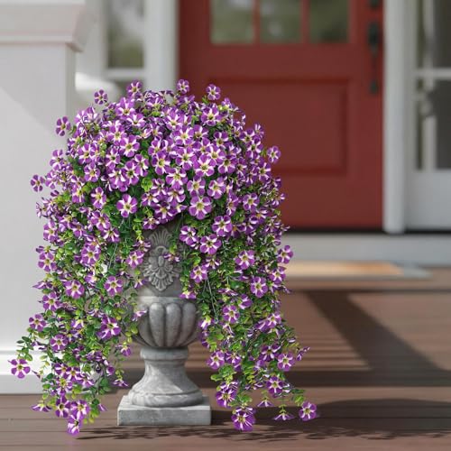 VIERENA 4 Bundles Artificial Hanging Morning Glory Flowers for Outdoor, Realistic Hanging Flowers Silk Fake Morning Glory with Faux Eucalyptus for Yard Garden Porch Patio Balcony Home Decor (Purple) - color: Purple