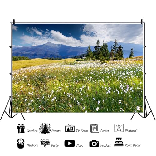 5x3ft Vinyl Summer Landscape Backdrops for Photography Background Blooming Flower Mountain Landscape Grass Field Vacation Holiday Party Backdrop Children Adults Portraits Photo Studio - size: 5x3ft