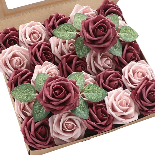 Floroom Artificial Flowers 25pcs Real Looking Cinnamon Rose & Shabby Pink Foam Fake Roses with Stems for DIY Wedding Bouquets Bridal Shower Centerpieces Floral Arrangements Party Tables Decorations - color: Cinnamon Rose & Shabby Blush, size: 25Pcs