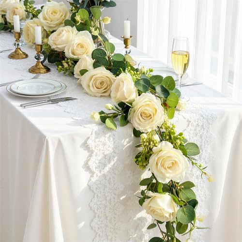 Lewondr Artificial Eucalyptus Garland with Flower - 8 Roses, 6FT Faux Floral Greenery Garlands Fake Flowers Vines, Maintenance-Free for Wedding Table Backdrop Party Centerpiece Room Decor, Champagne - color: Champagne Color, size: 1 Pack