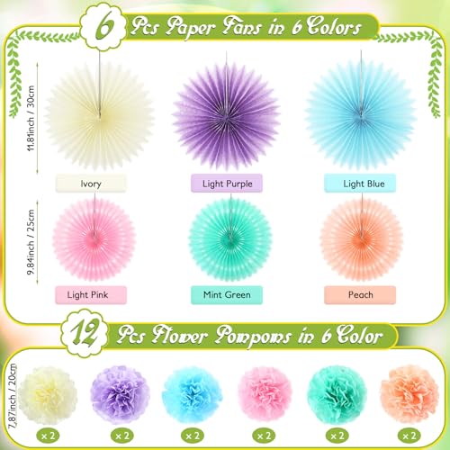 Kosiz 18 Pcs Pastel Rainbow Party Decorations Pastel Paper Fans 3D Floral Tissue Pom Poms Pink Hanging Paper Flowers Garland Classroom Home Wall Decor Birthday Baby Shower Bridal Wedding Supplies - color: Multicolor