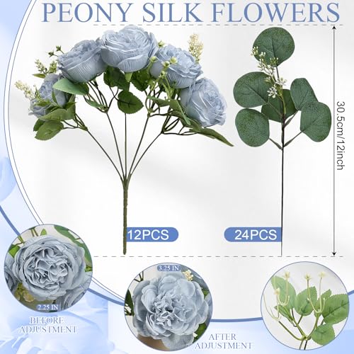 Peonies Artificial Flowers Bulk, 12 Bundles Fake Silk Peonies Faux Eucalyptus Bouquet Realistic Peony Floral Arrangement for Wedding Table Centerpiece Vase Decor (Dusty Blue) - color: Dusty Blue