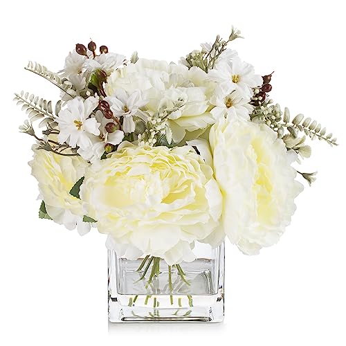 ENOVA FLORAL Artificial Flower Arrangement with Vase,Mixed Artificial Silk Peony Flower in Vase for Decoration Home Office, Wedding Centerpiece (Cream) - color: Cream
