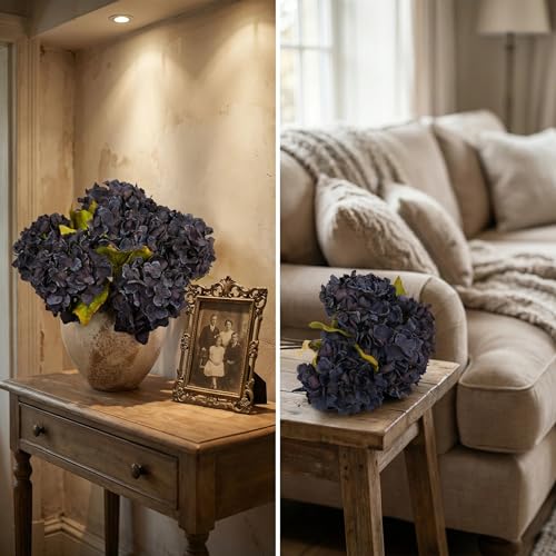 TOPIA Black Silk Flowers Artificial Silk Dried Hydrangea Flowers Artificial Fall Flowers Bouquet Dried Flowers for Home Decor(6 PCS) (Black) - color: Black