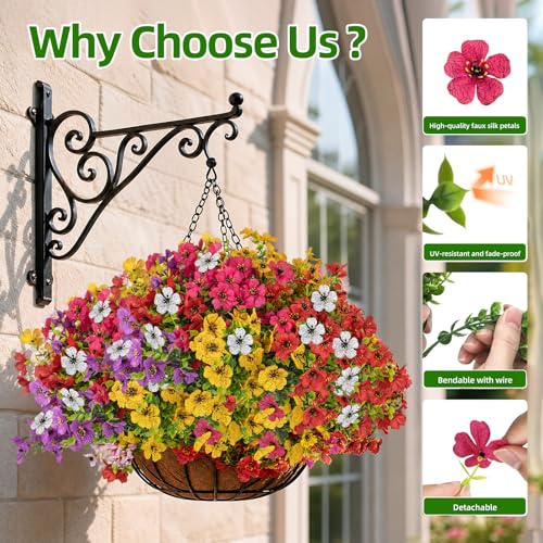 CLEANGOR 12 Pcs Artificial Flowers for Outdoors (6 Color) | UV Resistant Artificial Outdoor Plants, Fake Daisy with Eucalyptus Leaves, for Spring Summer Garden, Porch, Home Decor - color: Mix1(rose Red+purple+yellow+white+red+pink)