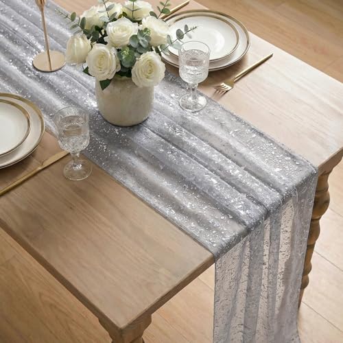 Artoid Mode Grey Gold Gauze Table Runner 120 Inch 10FT, Glitter Metallic Foil Sheer Dining Wedding Anniversary Holiday Birthday Table Decor for Home Party - color: Grey, size: 28" x 120"