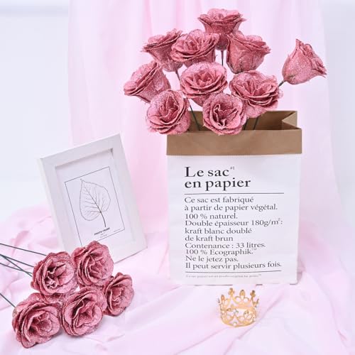 36+20 Glitter Roses Bouquet, DIY Fake Flowers Bouquet, Craft The Initials of Your Loves' Name with Artificial Rose for Valentines, Anniversary, Wedding, Rose Gold & White - color: Rose Gold & White