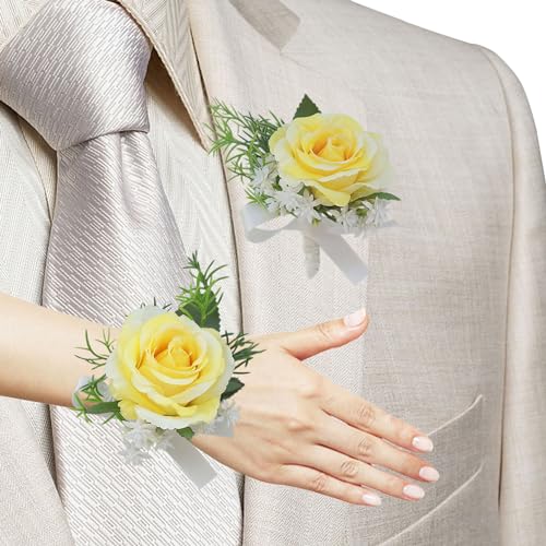 Corsage and Boutonniere Set, Handmade Artificial Peony Rose Wrist Corsage Wristlet and Groom Boutonniere for Men Wedding Prom Suit Decorations (Yellow) - color: Yellow