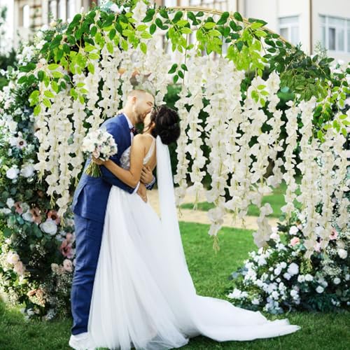 24 PCS Wisteria Hanging Flowers with Lights, 3.6ft Fake Vines Artificial Wisteria Garland Silk Flower String for Wedding Arch Garden Party Home Ceiling Wall Backdrop Tent Decoration (White) - color: White With Lights, size: 24 Pack