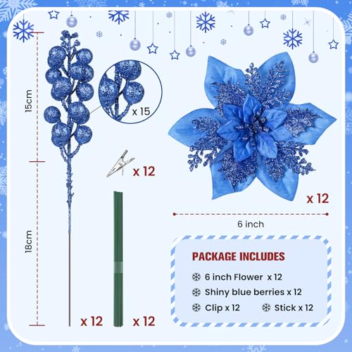 Alupssuc 24 Pieces Christmas Tree Decorations, 12 PCS Blue Poinsettia Flowers Artificial and 12 PCS Glitter Christmas Tree Picks for Christmas Decorations Party Wreath Fireplace Stairs, Blue - color: Blue