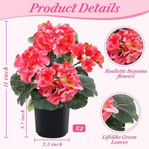 2 Pack Artificial Geraniums Fake Flowers for Outdoors Summer Decoration, Silk Geraniums Flowers UV Resistant Faux Flower Potted Plants for Gardens Farmhouse Indoor Home Table Decor (Rose Red) - color: Rose Red