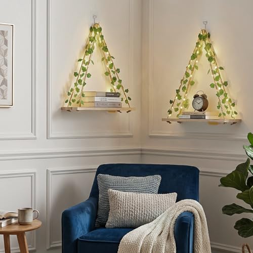 RICHER HOUSE Artificial Ivy LED-Strip Wall Hanging Shelves, Macrame Shelf for Bedroom Bathroom Living Room Kitchen, Wood Hanging Plant Shelves for Wall Décor - color: Ivya*1