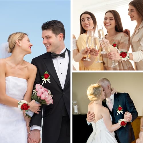 2pcs Red Corsage Wristlet Boutonniere for Men Silk Christmas Corsgea and Boutonniere Set Double Pearl Wrist Corsage Bracelets Rose Boutonniere for Wedding Party Prom Decor - color: Red Corsage - Double-cain