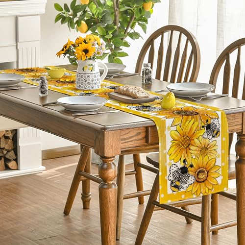 Artoid Mode Sunflower Bee Flower Polka Dot Summer Table Runner, Seasonal Kitchen Dining Table Decoration for Indoor Party Home 13x72 Inch - color: Beige-yellow, size: 13" x 72", Table Runner