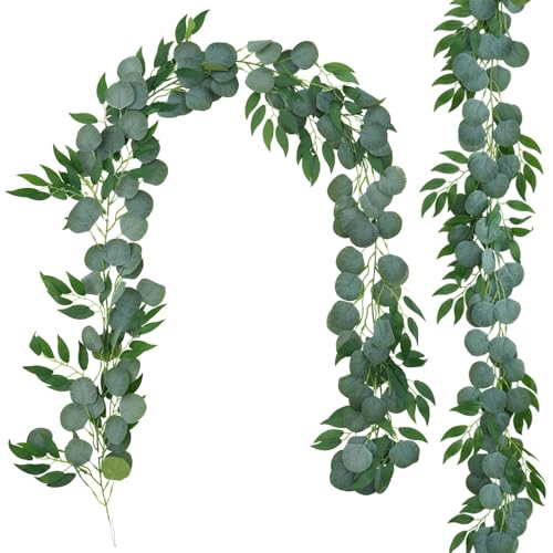 GREENTIME 2 Pack 6.5Ft Greenery Garlands Fake Eucalyptus Vines with Willow Leaves for Rustic Wedding Arch Swag Doorways Table Staircase Fireplace Chair Home Party Decoration - color: Green-2