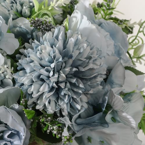 Peonies Artificial Flowers in Vase, Fake Hydrangea Silk Peony Flower Bouquet with Vase Faux Flowers Arrangement Decor Home Table Dining Room (Blue) - color: Blue