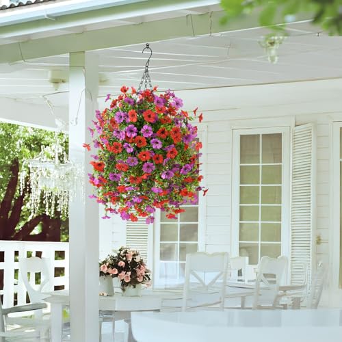 INQCMY Artificial Hanging Flowers with Basket for Spring Outdoor Decoration 3 Bunches of Silk Daisy Flower Uv Resistant for Garden Porch Patio Balcony Yard Decor (Red Purple) - color: Red Purple