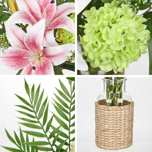 Hollyone Fake Flowers with Vase, Easter Lily Flowers, Pink Silk Tiger Lily and Hydrangea Artificial Flowers in Vase, Faux Plants and Flowers Arrangement Bouquets for Table Centerpieces Home Decor - color: Pink