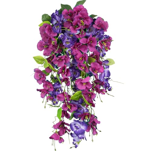 2 Pcs Fake Hibiscus Artificial Hanging Flowers Plants for Outdoors Realistic UV Resistant Spring Summer Decor Silk Faux Hibiscus Flowers Trailing Vines for Front Door Porch Outside - color: Purple, Fuchsia