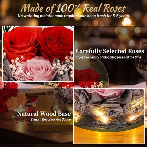 Preserved Colorful Real Rose in Glass with Scented Candles–– Forever Flower Romantic Anniversary Christmas Birthday Valentines Mothers Day Gifts for Mom, Women, Wife, Girlfriend, Her, Grandma - color: Colorful