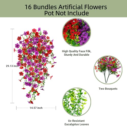 UV Resistant Artificial Hanging Flowers Outdoor Decor - 2 Pack Fake Hanging Plants with Silk Daisies for Spring Summer, No Fade Faux Flowers for Planter, Front Door, Porch, Patio, Garden, Yard - color: Light Purple Red
