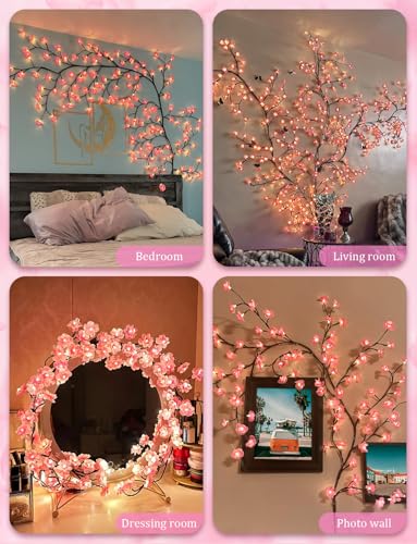Cherry Blossom Lights for Bedroom Wall Decor, 4FT 48 LED DIY Cherry Blossom Decorations,LED Blossom Tree Flower Lights,Pink Aesthetic Room Decor,Remote Timer,8 Lighting Modes