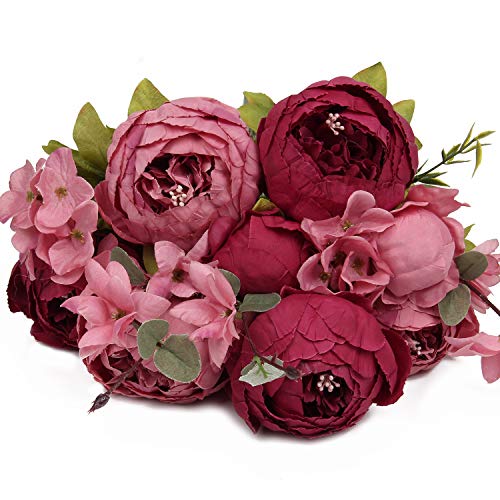 Silk Peony Bouquet Vintage Artificial Peonies Flower for Home Wedding Party Decor (1pcs, Burgundy) - color: Burgundy
