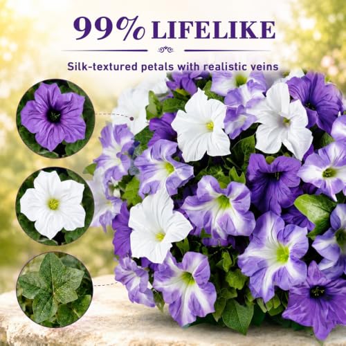 6Pcs Artificial Flowers for Outdoors, Fake Petunias Morning Glory Silk Flower UV Resistant, Faux Flowers for Outdoor Planters, Realistic Flora for Window Box Garden Porch Decor (PurpleWhite-Petunia) - color: Purplewhite-petunia