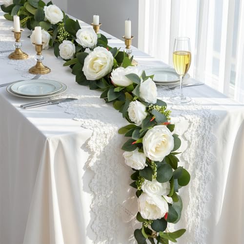 Lewondr Artificial Eucalyptus Garland with Flower - 4 Rose 4 Peony, 6FT Faux Floral Greenery Garlands Fake Flowers Vines, Maintenance-Free for Wedding Table Shelf Backdrop Party Room Decor, White - color: White, size: 1 Pack