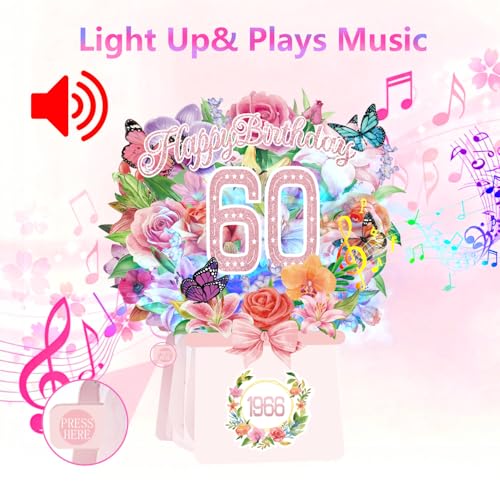 60th Birthday Cards for Women, Light and Music 60 Years Old Happy Birthday Card, Rose Lily Orchid and Butterflies, 10 Inch Forever Flower Bouquet 3D Pop Up 1966 Birthday Gift Card for Women Wife Mom Grandma Sister - size: 1966-60th