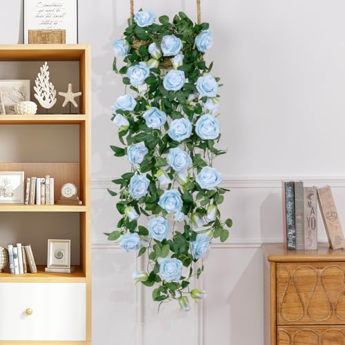 U'Artlines 3 Pack Artificial Blue Rose Vines Floral Garlands Total 19.5 Ft Fake Vine Silk Flower Garland for Indoor Outdoor Home Wedding Arch Garden Wall Decoration - color: Blue, size: Set of 3