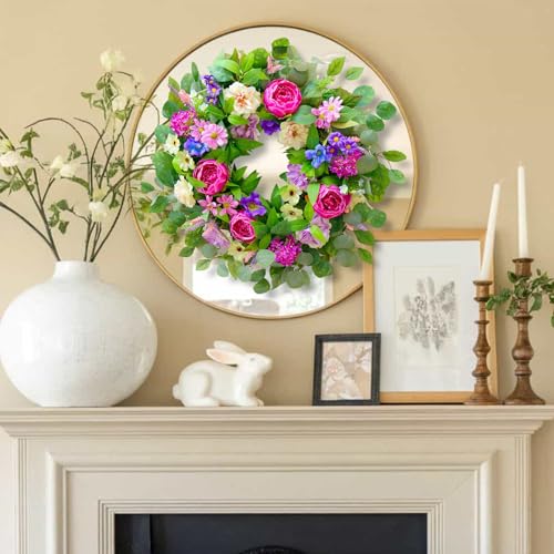 Spring Wreaths for Front Door Outside 24 Inch Spring Door Wreath with Pink Peony,Rose and Blue Hydrangeas, Handmade Silk Summer Wreaths for Front Door Home Wall Window Proch Seasonal Decor - color: Peony