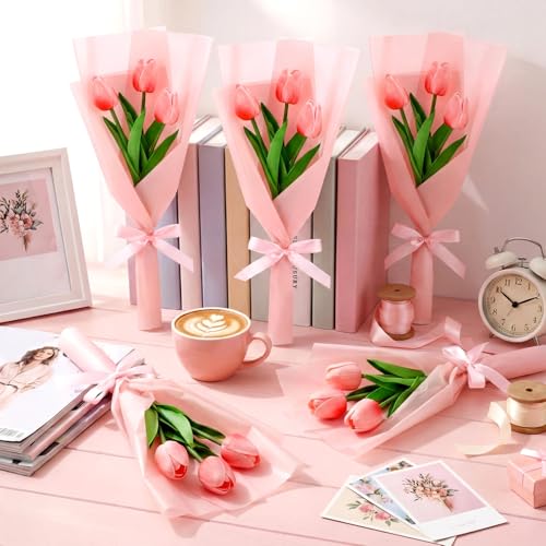 Zeyune Graduation Gifts Mini Faux Tulip Bouquet Kit, 10 DIY Artificial Tulip Flower Bouquets with Wrapping Paper and Ribbons, Class of 2026 Party Favors Gifts for Students Teachers Guests(Pink) - color: Pink