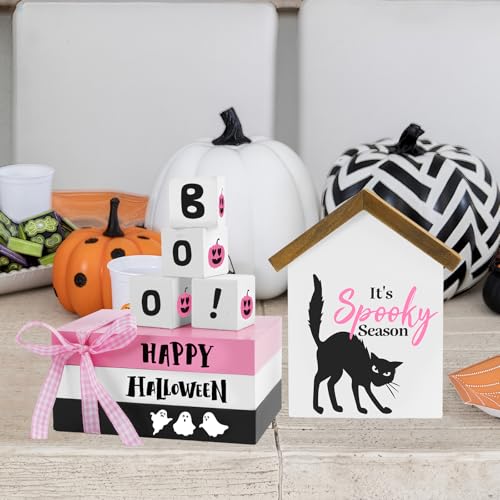 nuvagiki Halloween Decorations, 8 Pcs Pink Halloween Tiered Tray Decor, Spooky Black Cat Book Stack Wooden Decoration for Home Indoor, Rustic Pumpkin Faux Books Kitchen, Office, Table Decor - color: Pink