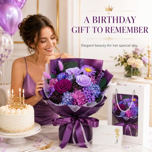 Preserved Purple Rose Bouquet, 100% Real Flowers for Women Mother Wife, Long-Lasting Eternal Roses with Gift Box, Forever Flowers for Anniversary Birthday Mother's Day, Lasts 3-5 Years - color: Deep Purple