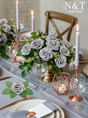 N&T NIETING Artificial Flowers Rose, 50pcs Gray Fake Foam Flowers with Stems for DIY Wedding Bridesmaid Bridal Bouquets Centerpieces Home Arrangement Party Tables Decoration - color: Grey, size: 50pcs