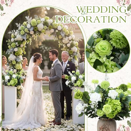 Suncalla 36 Pcs Green Artificial Flowers Bouquet Set 8 Kind Faux Delphinium Rose Peony Chrysanthemum Hydrangea Baby's Breath Florals with Greenery Long Stem for Wedding Table Vase Decor - color: Green